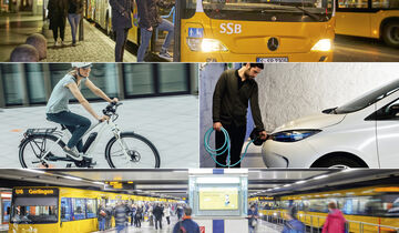 ÖPNV, Bus, Straßenbahn, Fahrrad, Elektroauto, Collage